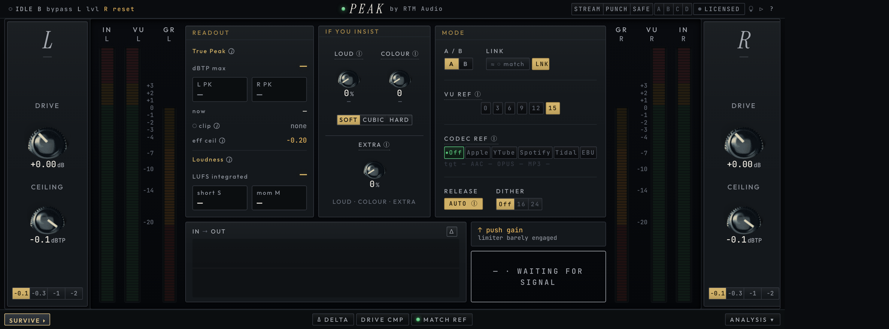 The PEAK plugin interface: machined graphite panels, onyx knurled knobs, gold readouts, twin true-peak meters and the codec reference panel.