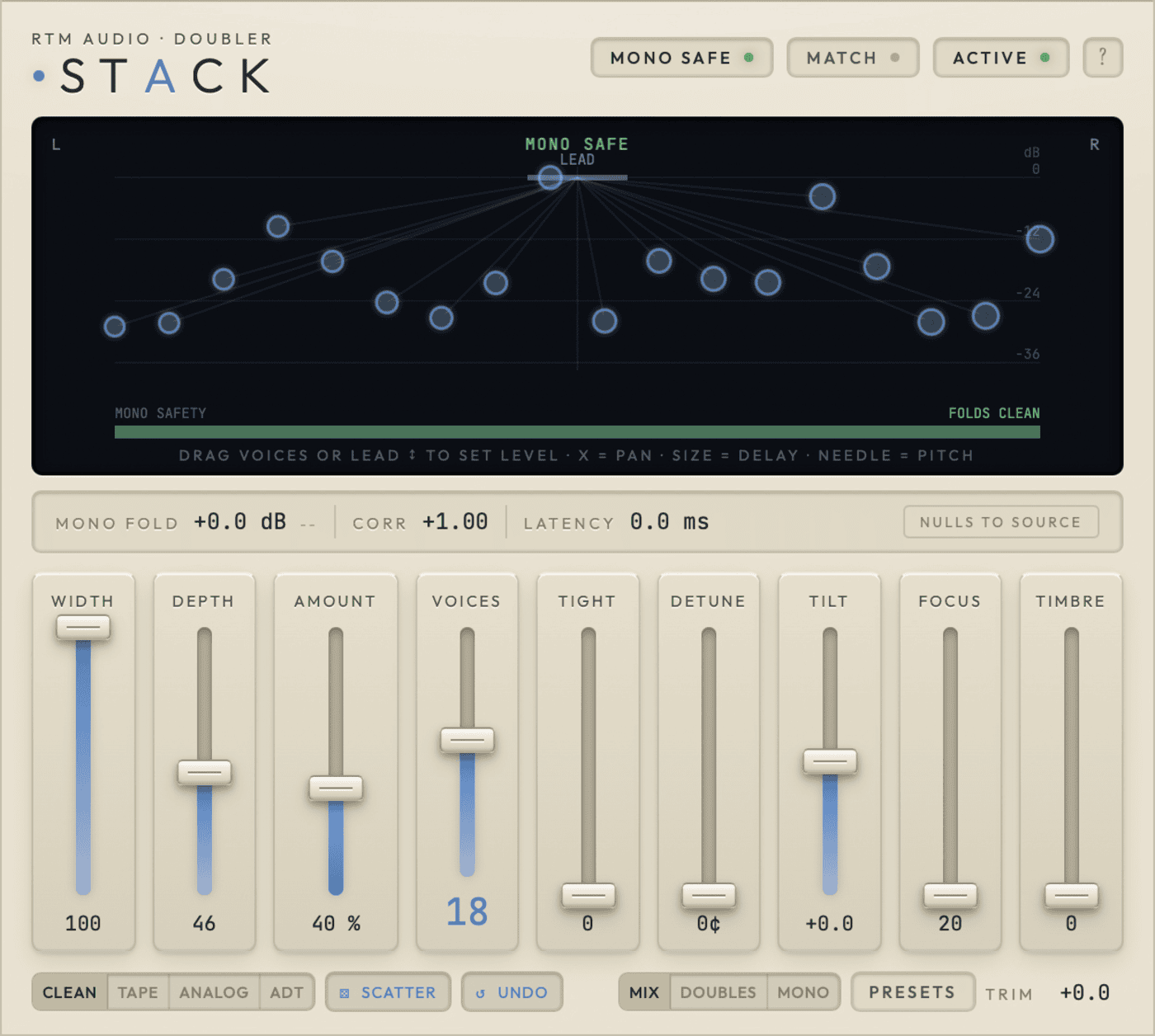 The STACK interface: the Stage showing a LEAD bar with eighteen generated voices scattered across the stereo field, each node's height its level and its needle its pitch, above the mono-fold, correlation and latency readouts and the nine control faders.