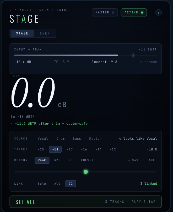 The STAGE interface: input meter, a big 0.0 dB trim readout, target and measure controls, and a true-peak safety check