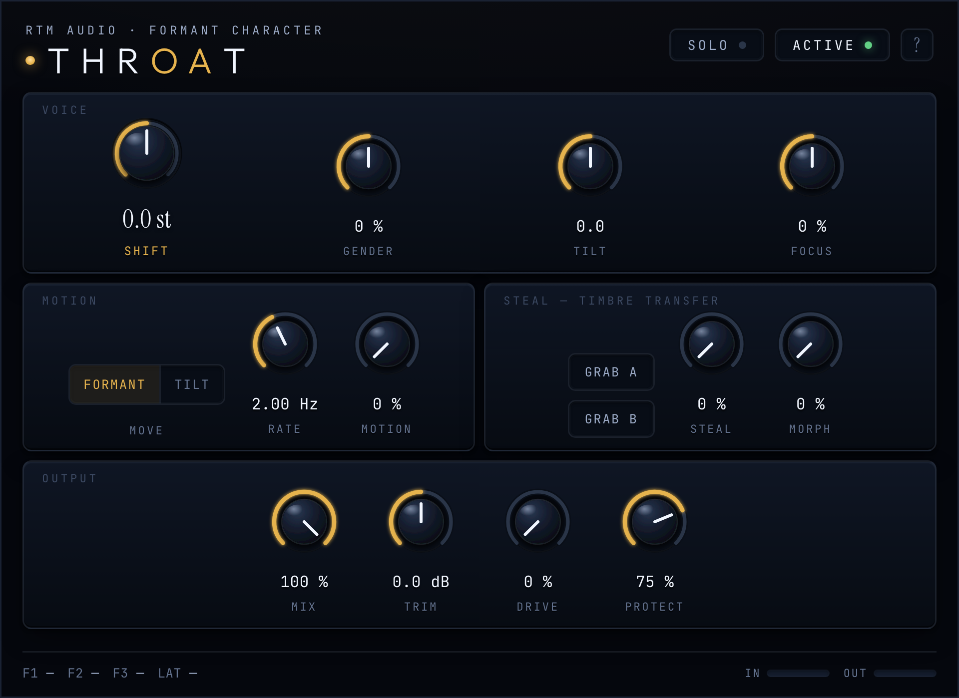 The THROAT plug-in interface: VOICE section with Shift, Gender, Tilt and Focus, a Motion section, Steal timbre transfer, and the Output row with Mix, Trim, Drive and Protect.